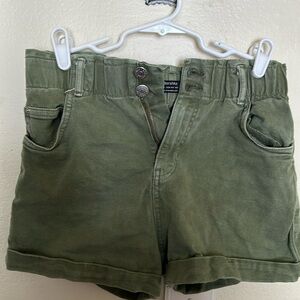 Bershka Khaki Green Jean Shorts - Size 4, Gathered Wide Waist, Cuff, worn once